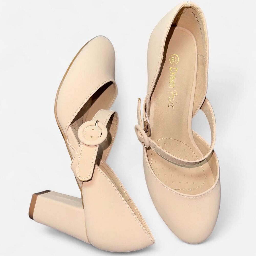 Nude Mary Jane Pumps with Round Toe and Block Heels Size 6.5 - NWT - Picture 3 of 10